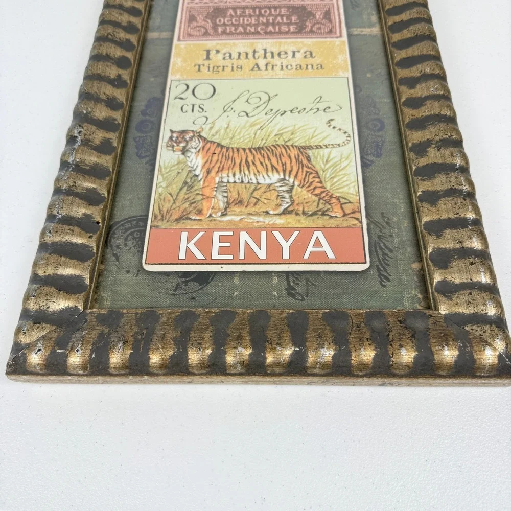 Vintage Tiger Stamp Collage Framed Art Safari Global World Travel Wall‎ Decor